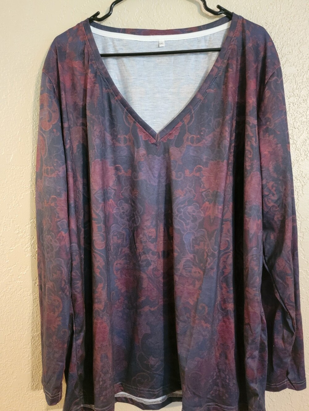 Women’s V-Neck Long Sleeve Top - Black and Deep Burgundy Floral